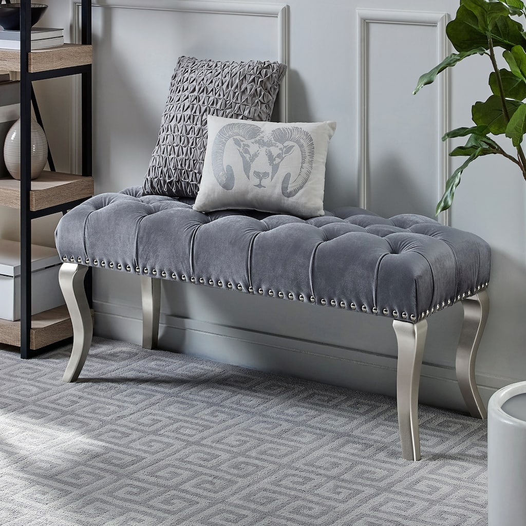 Tufted Fabric Upholstered Bench Nailhead Trim