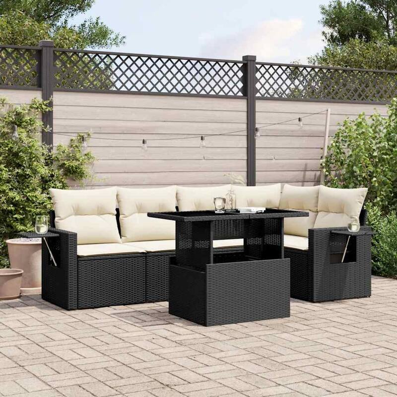 vidaXL Patio Sofa Set with Cushions Outdoor Furniture 6 Piece Poly Rattan - Black and Cream-without storage - 21.7 x 39.4 x 28.7