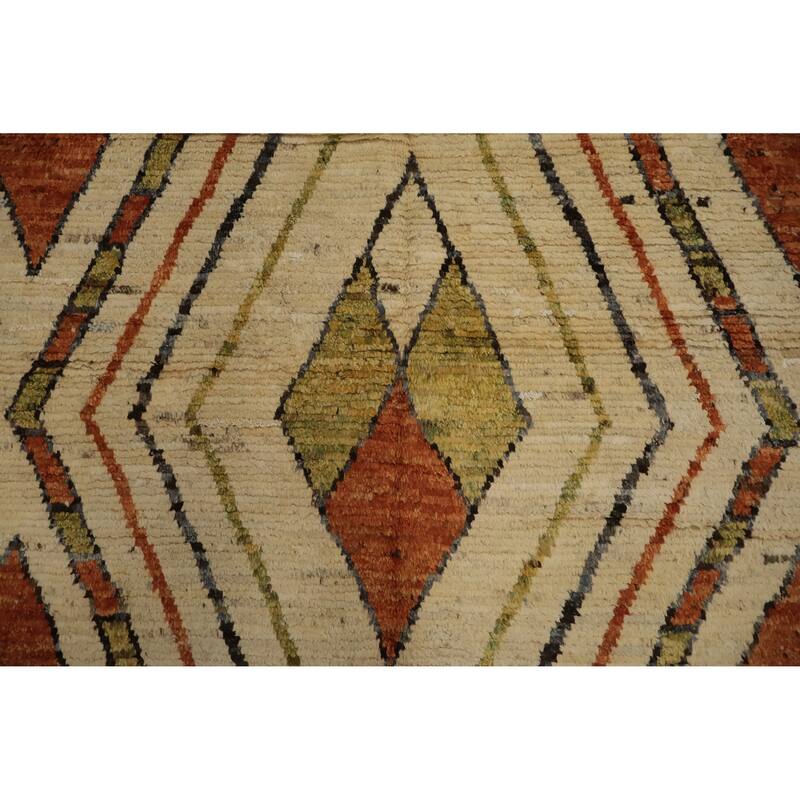 Hand Knotted Oriental 100% Wool Carpet Modern Tribal Beige & Ivories Moroccan Area Rug - 10' 3'' X 7' 0''