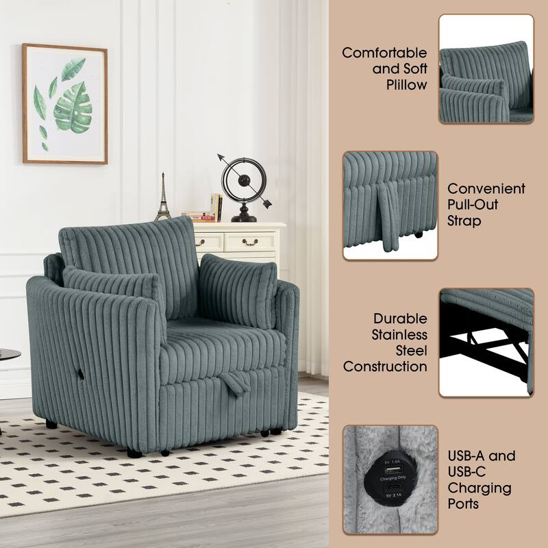 Modern Fabric Sleeper Single Sofa with USB and 2 pillows