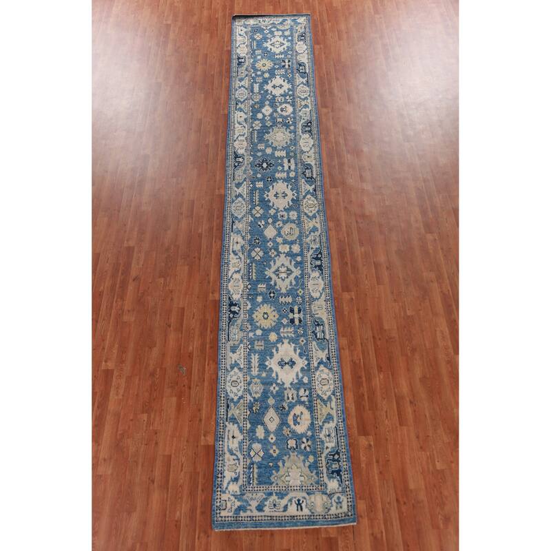 Hand Knotted Oriental 100% Wool Carpet Transitional All-Over Navy Blue & Blues Oushak Runner Rug - 16' 7'' X 2' 7''
