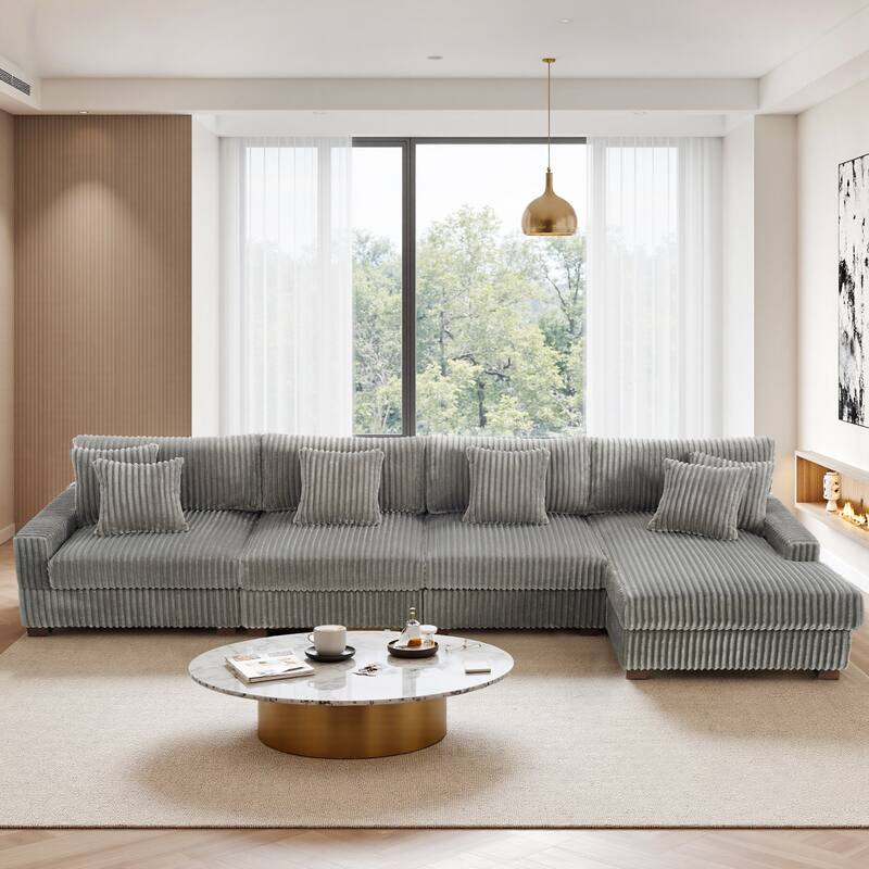 Cotton Flannel 3-Seat Modular Sectional Sofa with Chaise - Light Grey - Right Facing