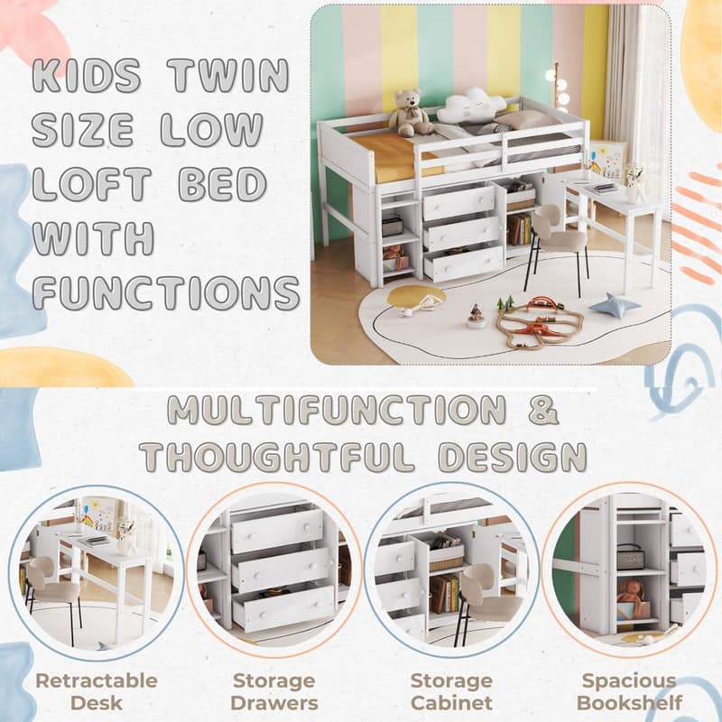 Twin Size Low Loft Bed with Pull Out Desk,Drawers,Cabinet and Shelves