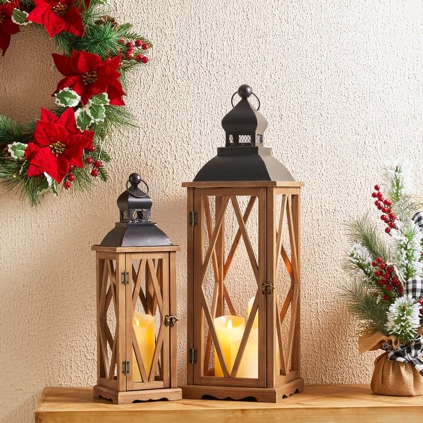 Glitzhome Farmhouse Hanging Candle Lanterns Set Of 2 - Oversized Wood & Metal, No Glass (LED Candle Compatible)