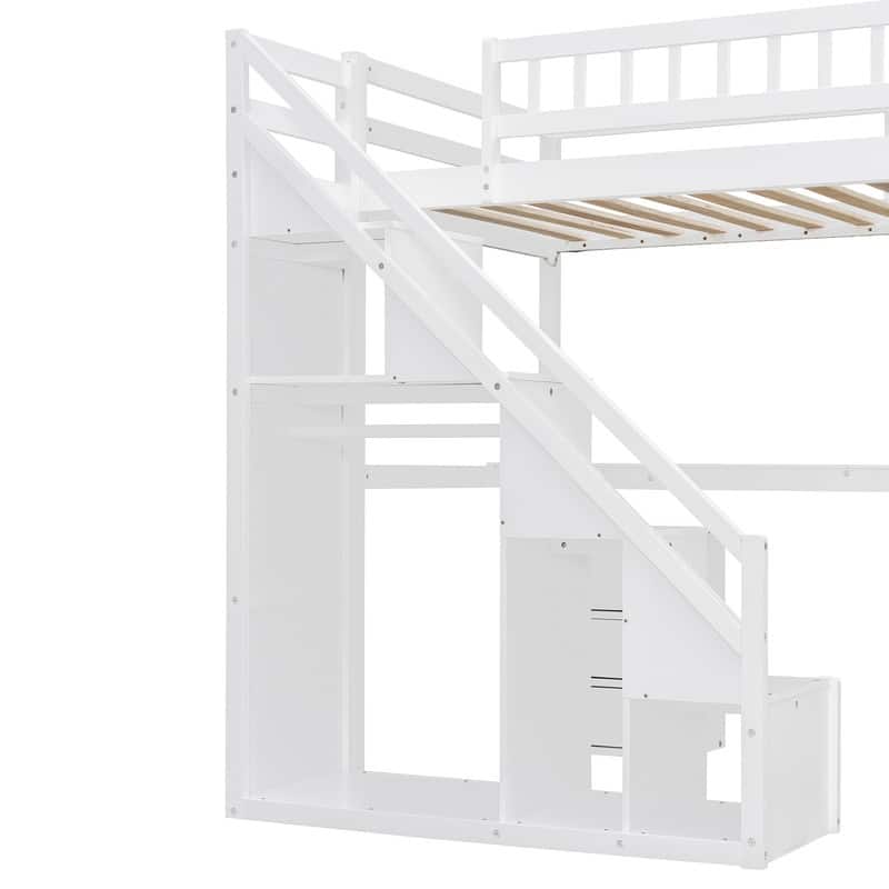Twin/Full Size Loft Bed with Desk and Light Strip, Storage Bed Frame with Two Chest of Drawers & Clothes Hanging Rod