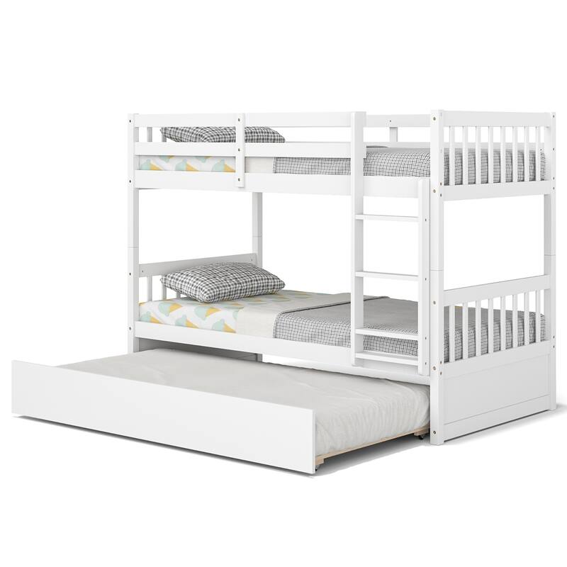 Twin Over Twin Bunk Bed with Twin Trundle Solid Wood Frame - White