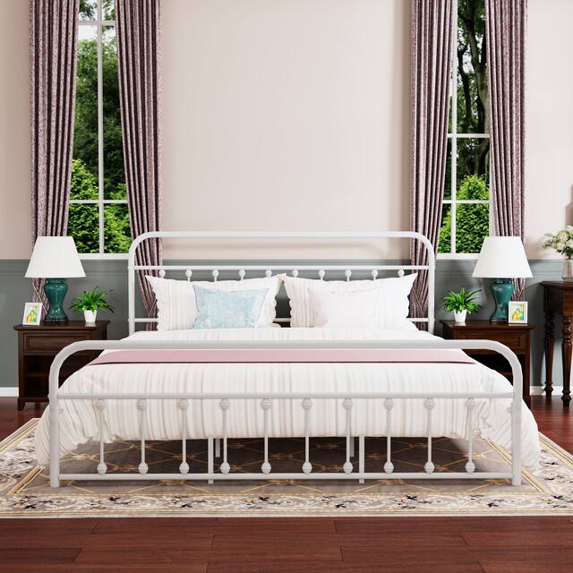 Alazyhome Simple Vintage Metal Platform Bed Frame, Easy-Assembly - White - King