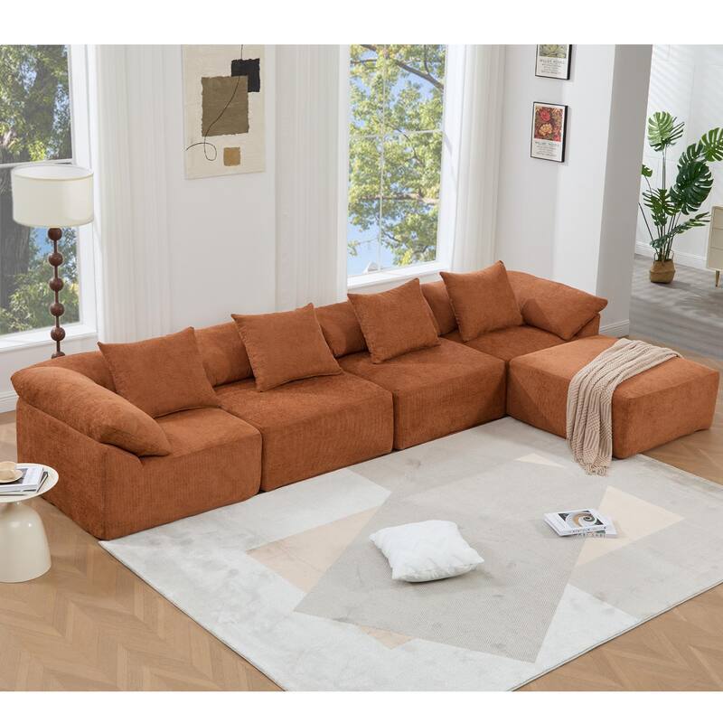 142" L-Shaped Modular Sectional Sofa, Floor Chenille Upholstered Couch with Ottoman, Convertible Sleeper Couch for Living Room
