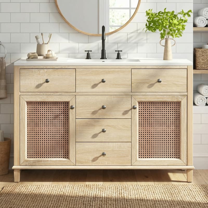 Christopher Knight Home - Modern Handwoven Rattan Bathroom Vanity with Ceramic Sink, Soft-Close Storages & Adjustable Shelving