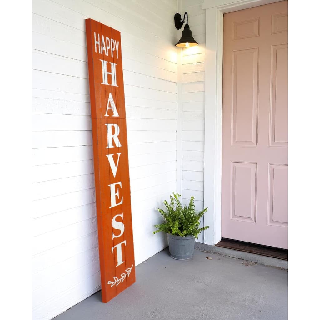 HomeRoots 72" Orange And White Solid Wood Happy Harvest Porch Sign