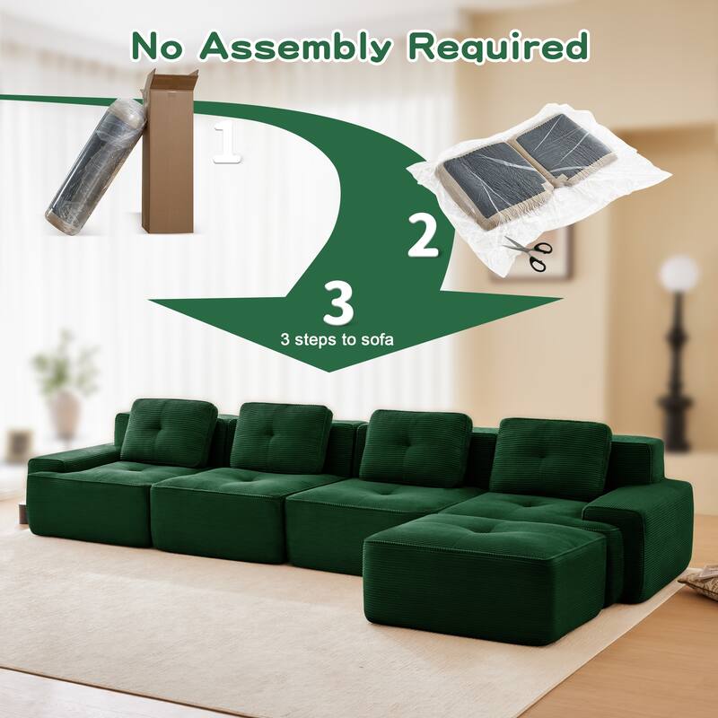 L-Shaped Sectional Couch with Ottoman, Oversized Modular Corduroy Sofa