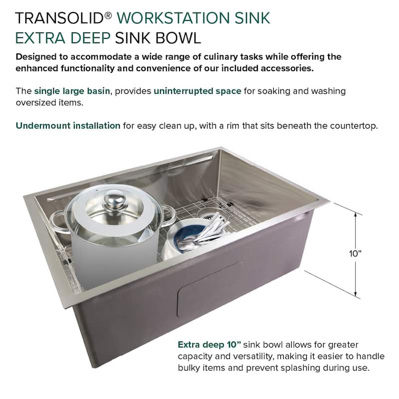 Transolid KWSSU301910 30-in X 19-in X 10-in 18-Gauge Undermount Stainless Steel Kitchen Workstation Sink