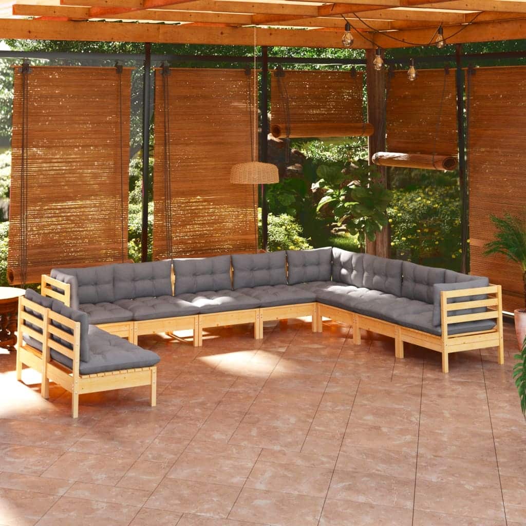 vidaXL Solid Pinewood Patio Lounge Set 10 Piece with Cushions Multi Colors