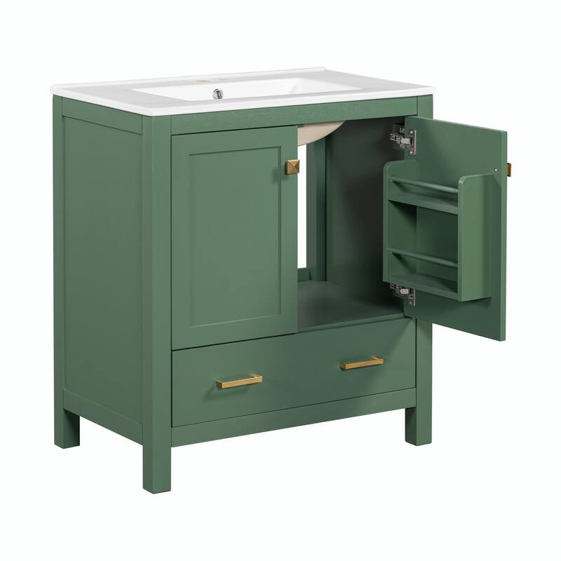 36"/30" Bathroom Vanity with Ceramic Sink, Soft-Close Doors, Double Storage Shelves & Divided Drawer