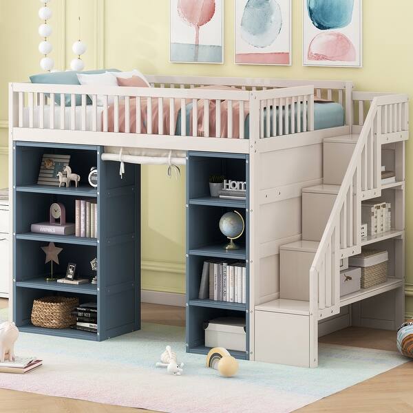 slide 2 of 12, Full Size Solid Wood Loft Kids Bed Frame with 2-Four-Layer Storage Cabinets, Guardrails, Staircase & Curtain, White+Blue White+Blue