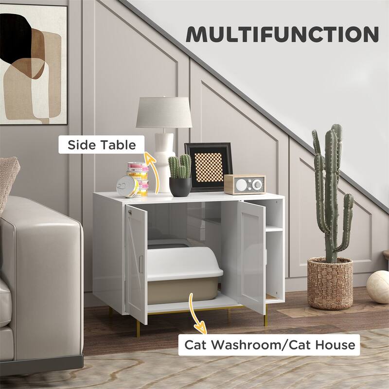 White Cat Litter Box Enclosure with Storage Scratching Mat and Cozy Hidden Cat Condo