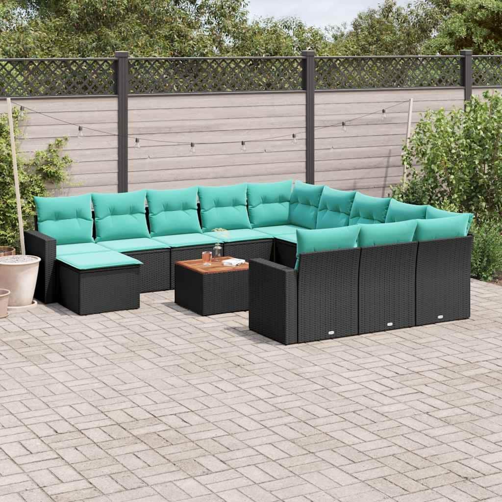 vidaXL 13 Piece Patio Sofa Set with Cushions Black Poly Rattan - 24.4x24.4x27.2