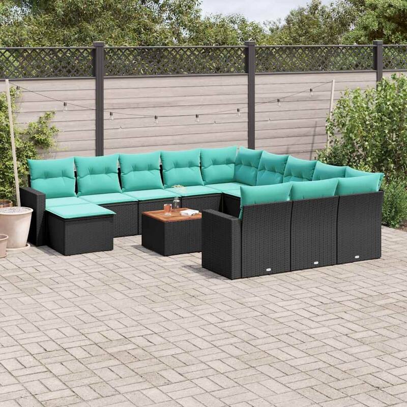 vidaXL 13 Piece Patio Sofa Set with Cushions Black Poly Rattan - 24.4x24.4x27.2