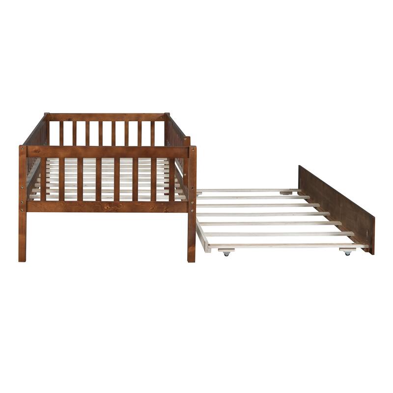 Twin Size Wood Daybed with Trundle and Safety Guardrails, Walnut Finish