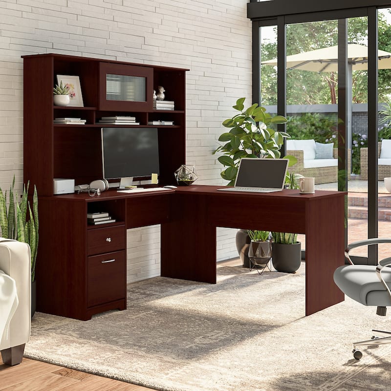 Cabot 60W L Shaped Computer Desk with Hutch by Bush Furniture - Harvest Cherry