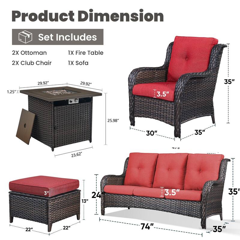 Gymojoy 6-Piece Outdoor Wicker Patio Furniture with Fire Pit Table, Rattan Coversation Set with Water Resistant Thick Cushions