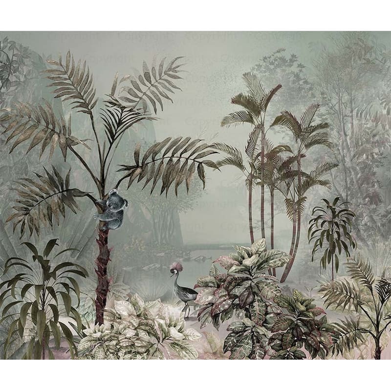 Tropical Forest Wildlife Wallpaper Mural Koala and Crane Jungle Scene - Brown - W:131" x H:118"