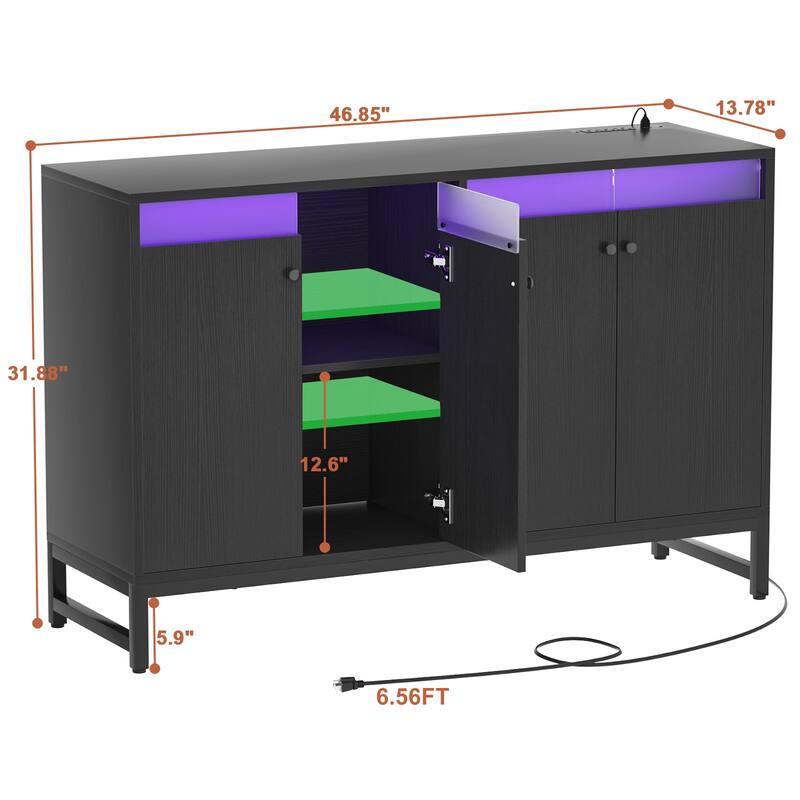 4 Doors Accent Cabinet with Power Outlet, Buffet Cabinet Storage Bar Cabinet with LED Light