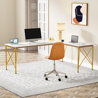 Reversible L-Shaped Computer Desk, White Gold Office Corner Desk - Bed ...