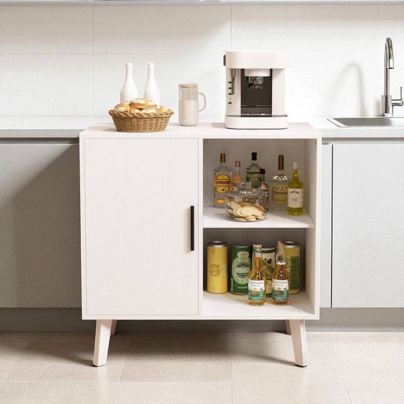 Modern Accent Storage Cabinet with Solid Wood Legs, White Patterned Door and Shelves for Dining Room or Hallway - White