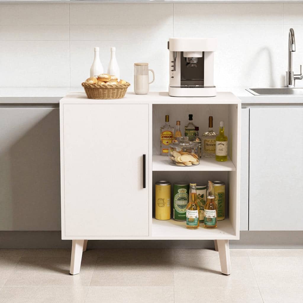 Modern Accent Storage Cabinet with Solid Wood Legs, White Patterned Door and Shelves for Dining Room or Hallway