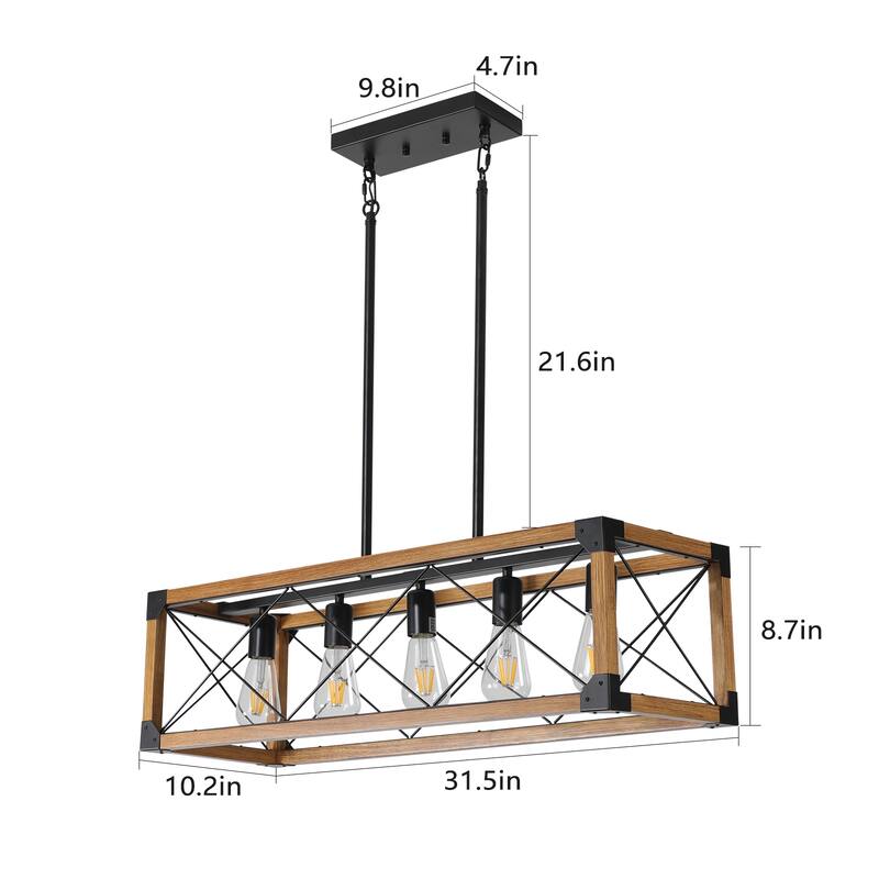 32" Industrial Farmhouse Rectangle Pendant Light, 5-Light Chandelier for Dining Room, Kitchen Island, Cafe Decor (No Bulbs)