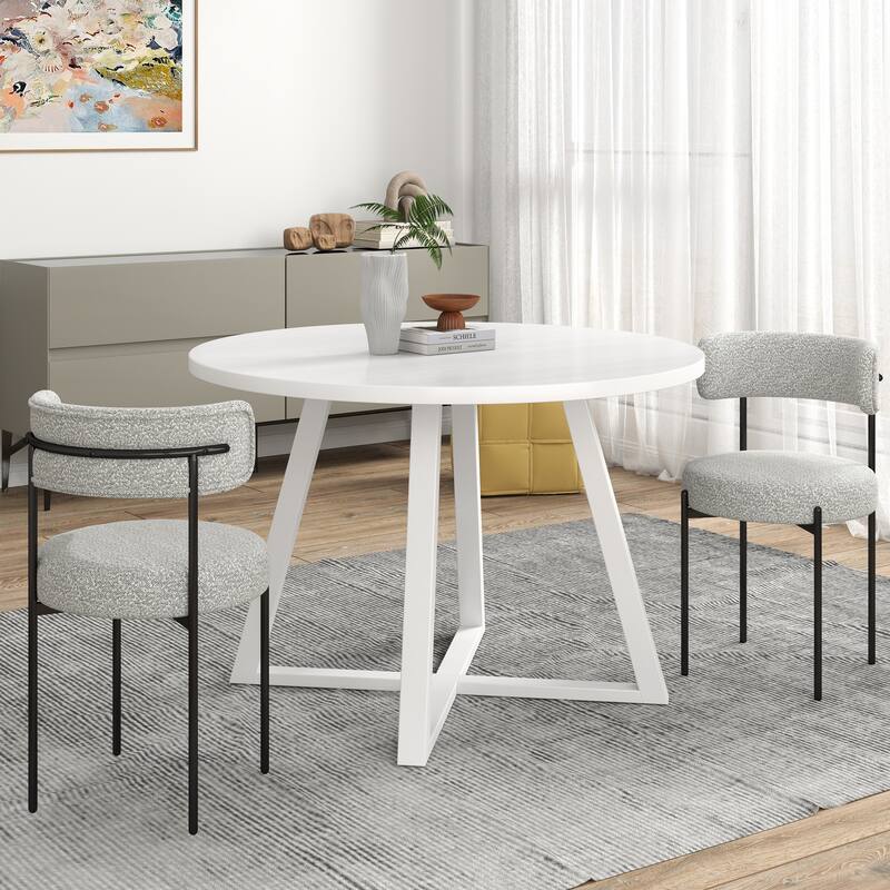 3-Piece Round Dining Set, Trestle Dining Table with 2 Boucle Chairs