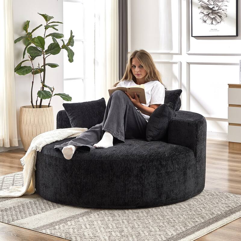Black Round Chenille Single Sleeper Sofa with Backrest Pillow