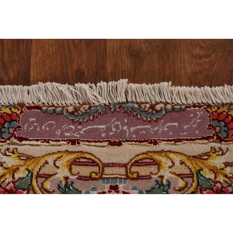 Hand Knotted Oriental Wool & Silk Carpet Traditional Floral Beige & Ivories Tabriz Area Rug - 10' 4'' X 6' 6''