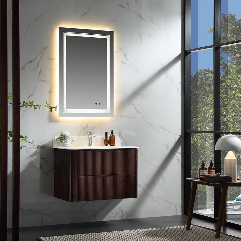 Modland Fluted Floating Vanity with Sink, Plywood Wall Mount Cabinet, Curved Edge, 24/30/36 Inch