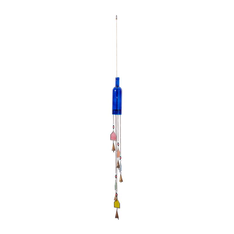 Blue Glass Bottle Windchime with Beads and Cone Bells - 3 x 3 x 41
