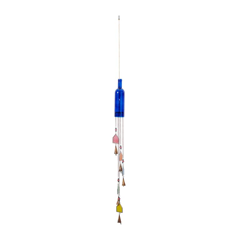 Glass Bottle Windchime with Beads and Cone Bells - Blue - Roche River Decor