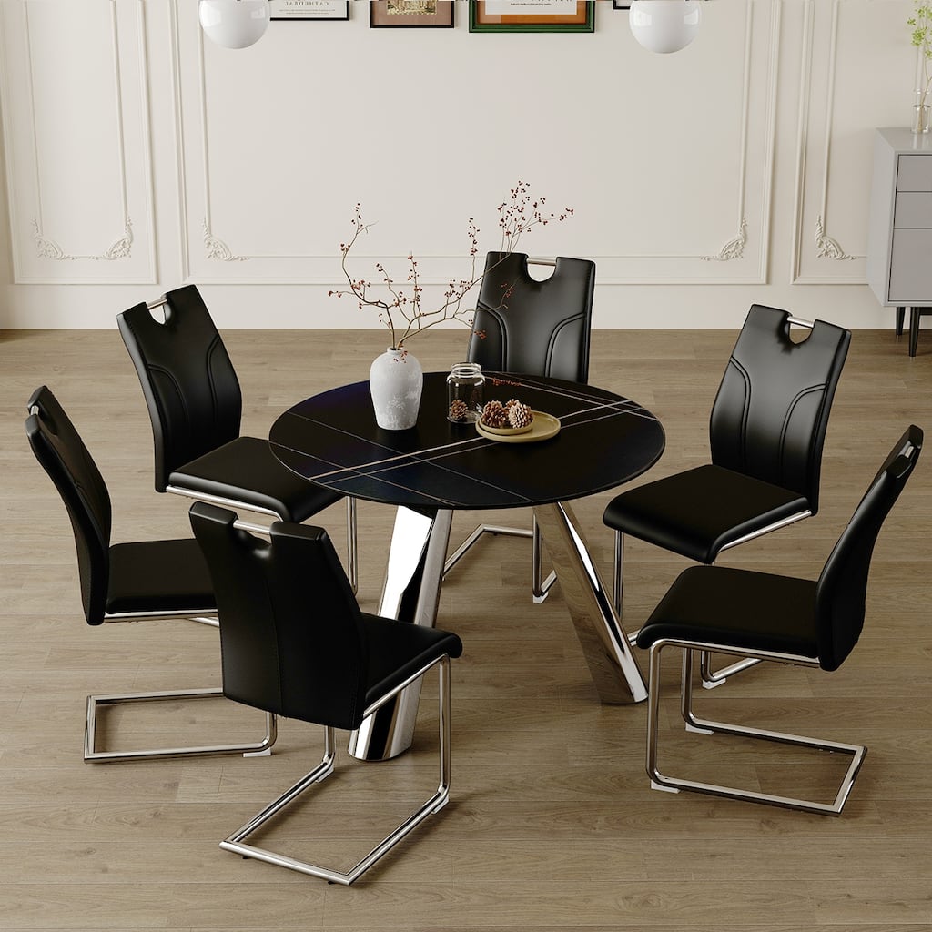 Roomfitters Round Dining Table with 6 Black Chairs, Silver Legs, Sintered Stone Top, Black