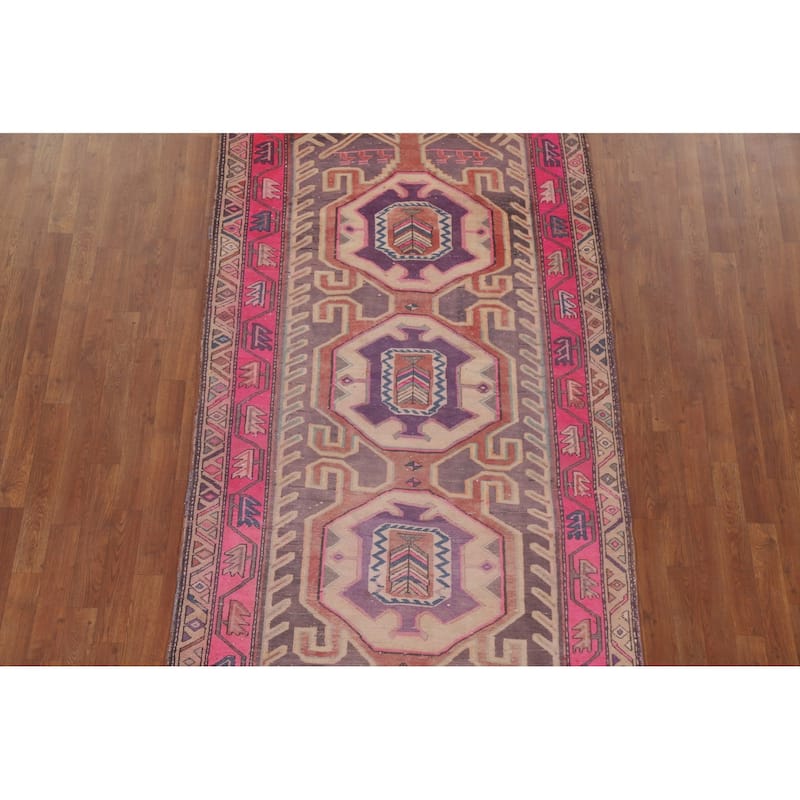 Hand Knotted Oriental 100% Wool Carpet Traditional Geometric Purples Meshkin Runner Rug - 10' 4'' X 4' 4''
