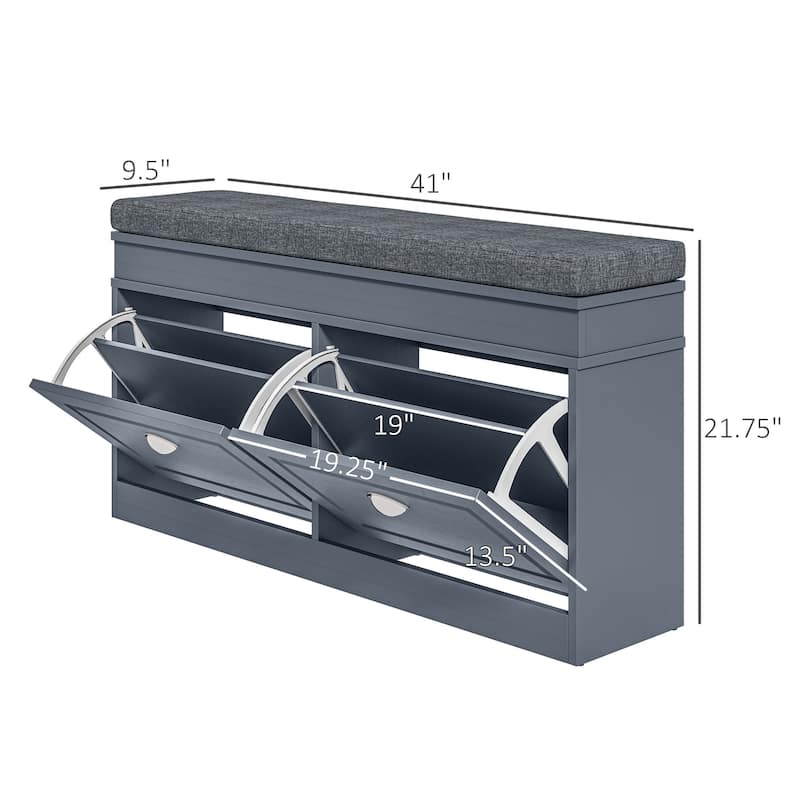 Modern Shoe Rack Bench with Two Large Drawers and Comfortable Padded Seat for Hallway Storage - 41" L x 9.5" W x 21.75" H