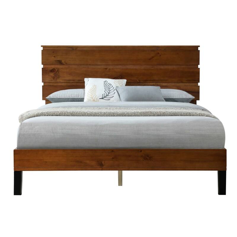 Brown Solid Wood Frame Platform Bed with Three-Piece Headboard Design