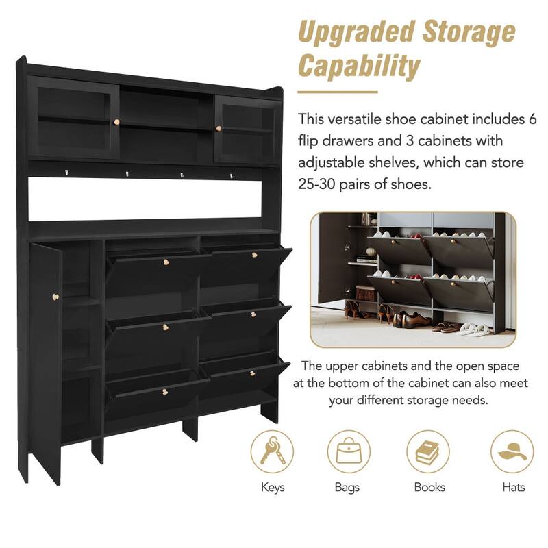 62.1in.W Shoe Cabinet with 6 Flip Drawers with 4 Hooks for Hallway - 62.1" Wide