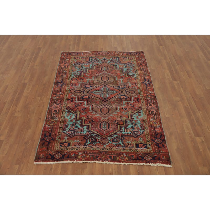 Hand Knotted Oriental 100% Wool Carpet Traditional Medallion Oranges & Rust Heriz Area Rug - 6' 11'' X 4' 7''