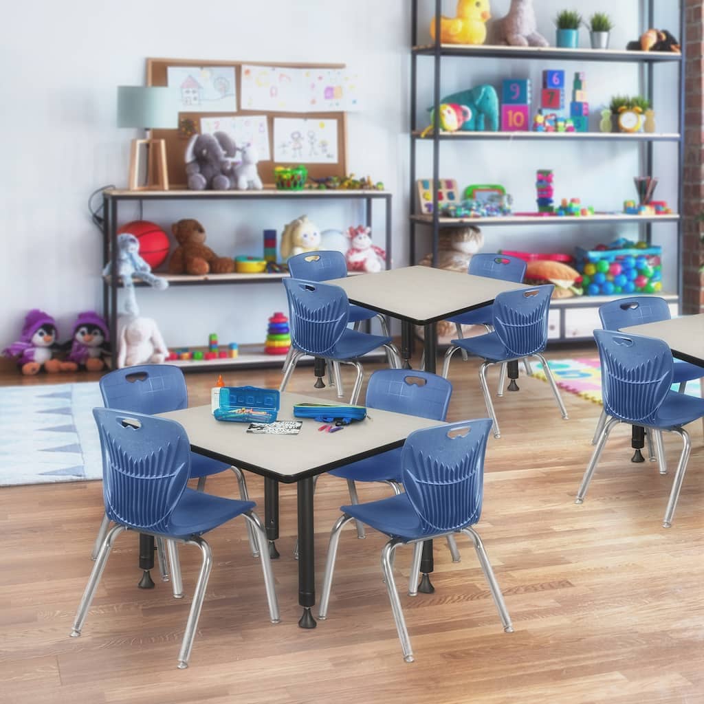 36 in. Square Height Adjustable Classroom Table - Maple & 4 12-in Stack Chairs- Navy Blue