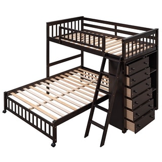 Wooden Twin Over Full Bunk Bed with 6 Drawers & Flexible Shelves