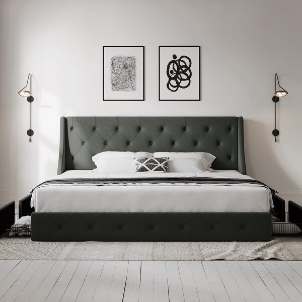 King Size Bed Frame with 4 Storage Drawers and Wingback