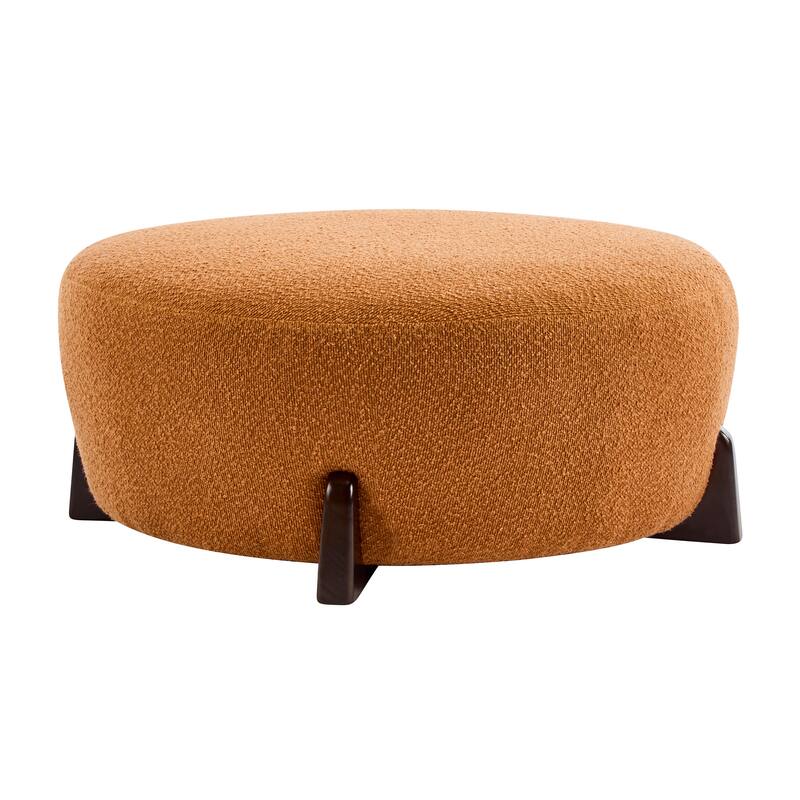 Roomfitters Round Boucle Ottoman with Splayed Rubber Wood Legs