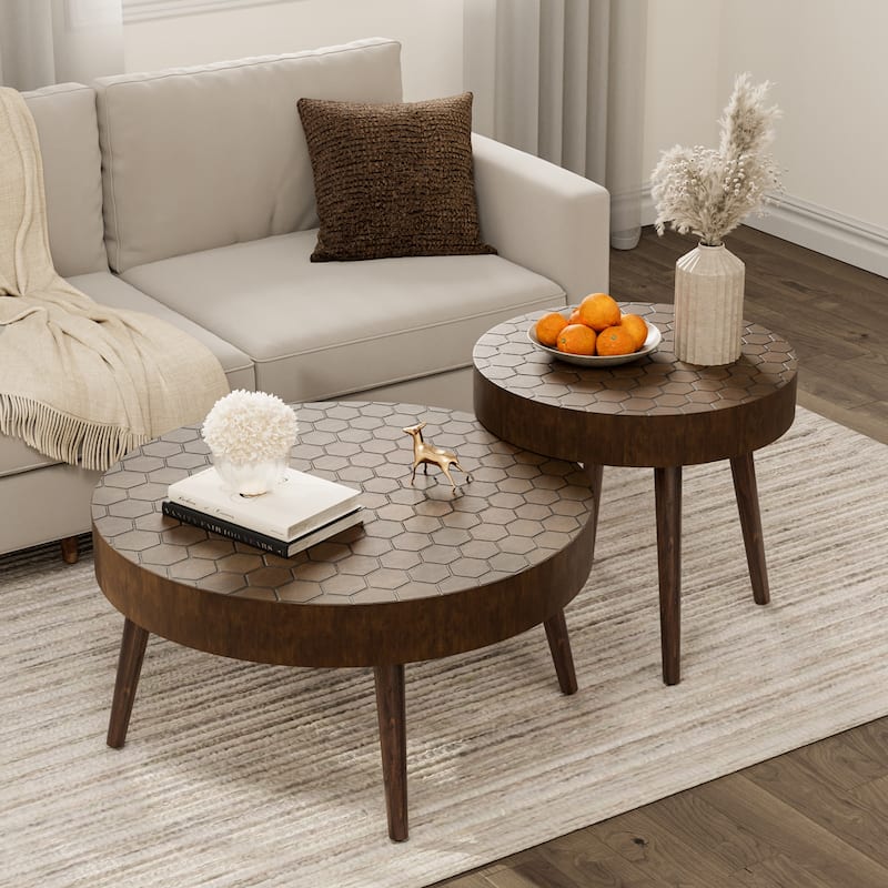 COSIEST Rustic Brown Solid Wood Coffee Table for Living Room - Set of 2 Honeycomb Table