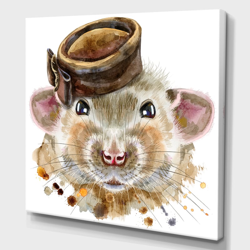 Designart "Portrait of Rat With Little Hat" Animals Canvas Wall Art Print - 16 In. wide X 16 In. high