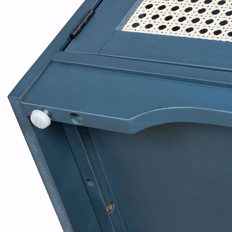 Rustic Storage Bench with Removable Cushion, Woven Rattan Doors & Adjustable Shelves